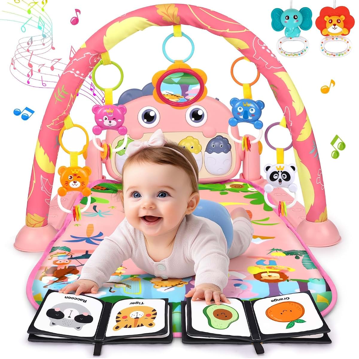 UMIKU Baby Play Mat Tummy Time Mat with Piano Music & Light, Pink Dinosaur Theme, 3-12 Months