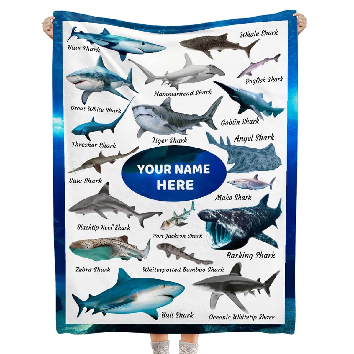 KAWAII BLANKET Shark Custom Name Blanket-Personalized Baby Blanket for Girls Boys Shark Lovers Shark Gift for Infant