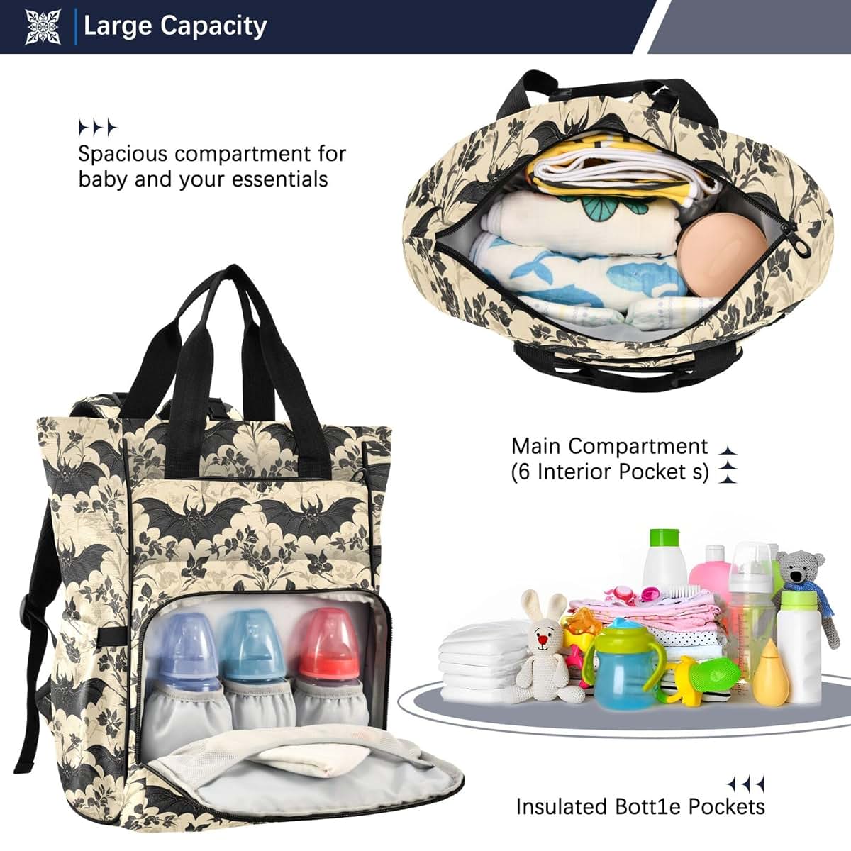 MNSRUU Bats and Flowers Vintage Diaper Bag Backpack, Large Capacity