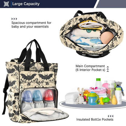 MNSRUU Bats and Flowers Vintage Diaper Bag Backpack, Large Capacity