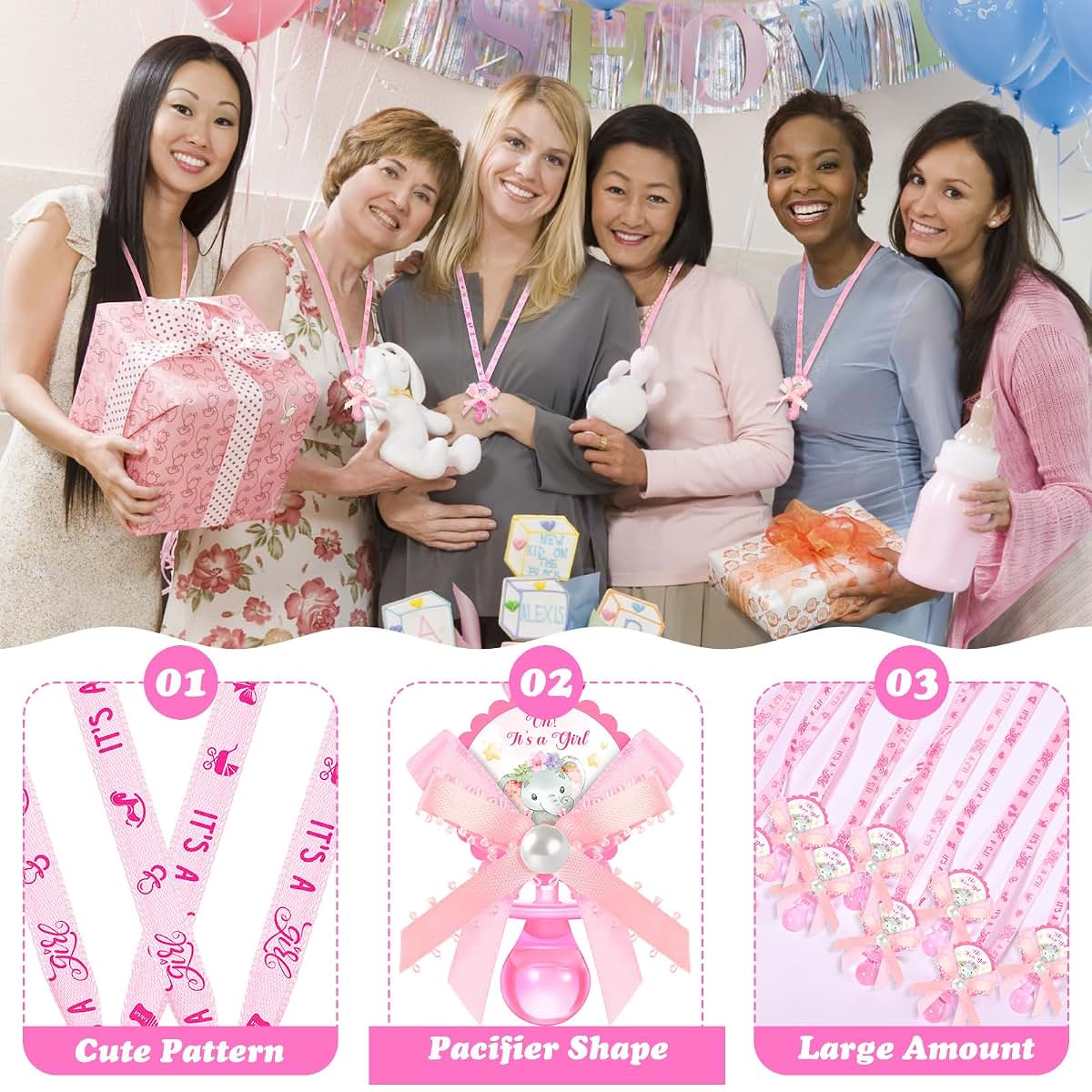 60 Pack Pink Elephant Acrylic Pacifier Charm Necklaces for Baby Shower Favors