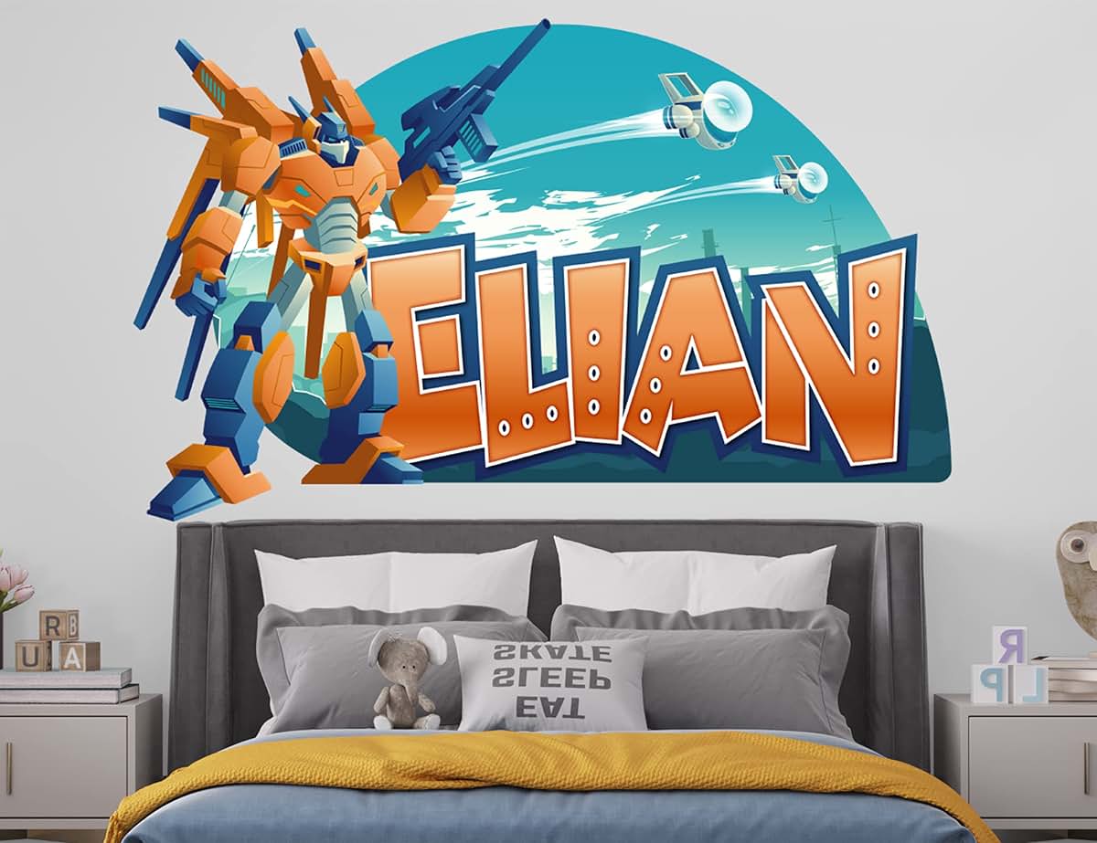 AdesiivoStudio Robot And Car Personalized Name Wall Decals For Nursery