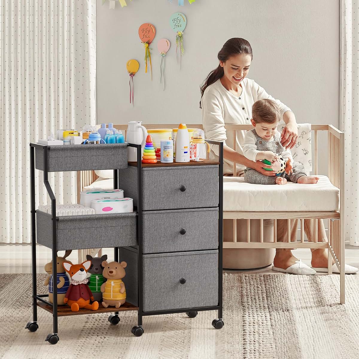 Modanais Baby Diaper Caddy Organizer Rolling Cart with Dividers and Drawers (photo 3)