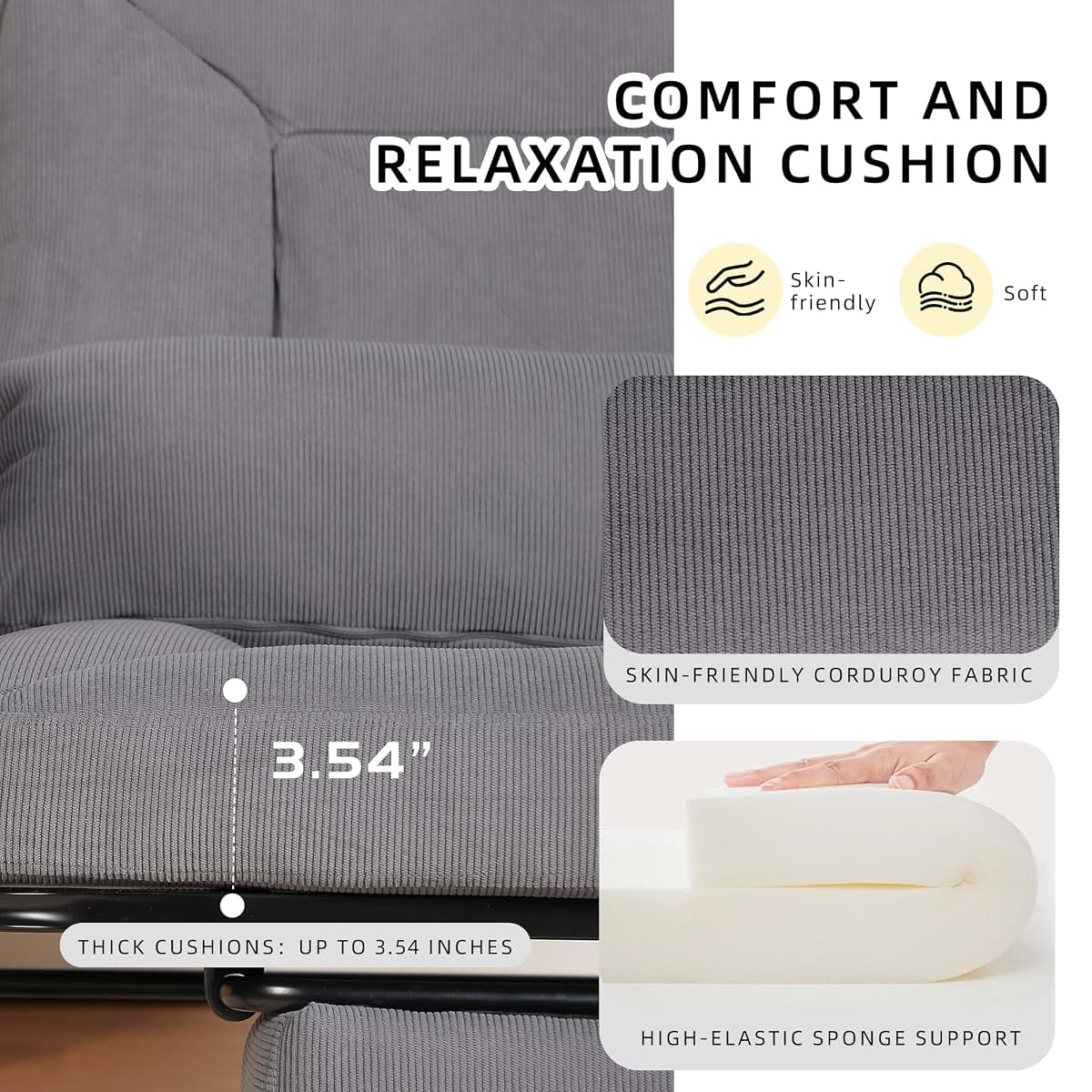 Chistronger Oversized Reclining Rocking Chair with Foot Rest, Grey Corduroy Upholstered Armchair for Nursery
