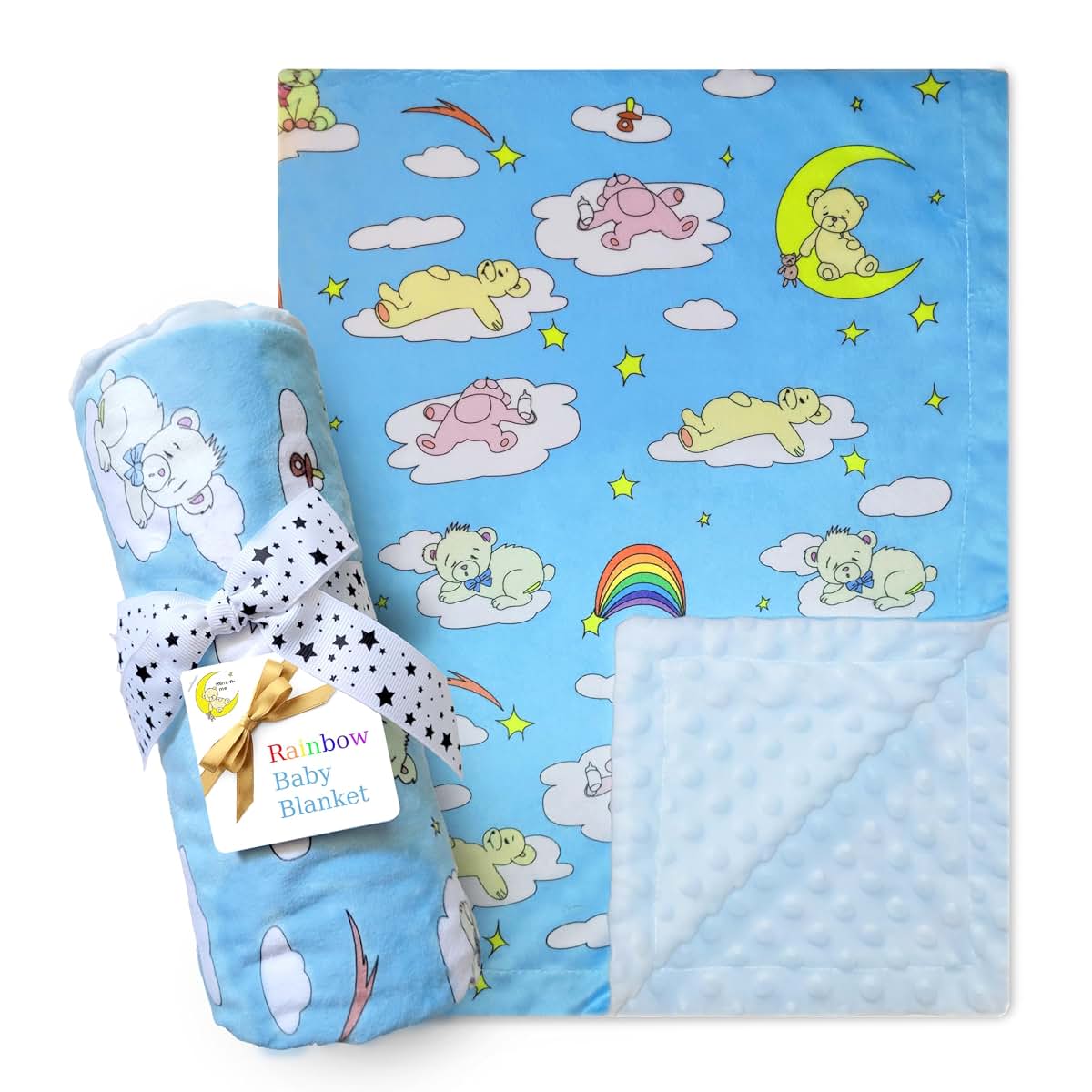 Mimi-n-Me Baby Blanket - Blue - Teddy Bear Rainbow Design with Soft Sensory Bumps