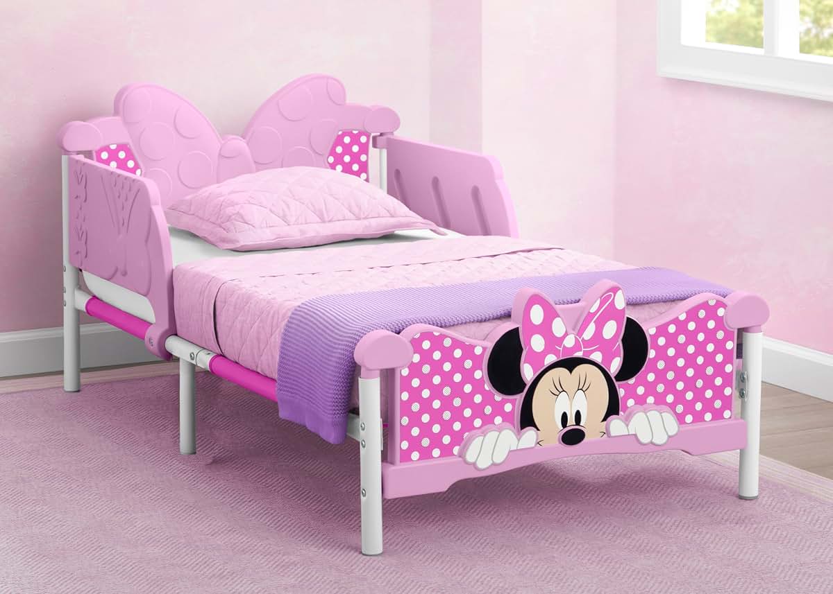 Delta Children Minnie Mouse 3D Toddler Bed, Pink with Guardrails
