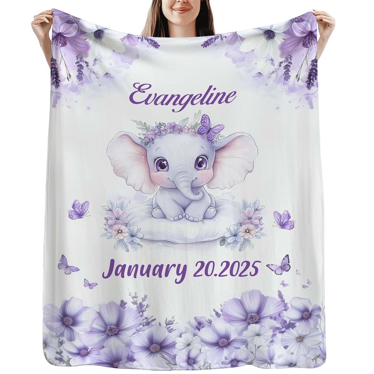 Foxcorner Personalized Girls Nursery Fleece Blanket Gifts, Purple Elephant | Beautiful New Baby Girl Baby Birthstats