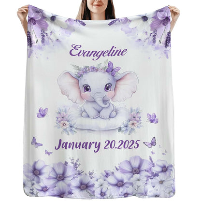 Foxcorner Personalized Girls Nursery Fleece Blanket Gifts, Purple Elephant | Beautiful New Baby Girl Baby Birthstats