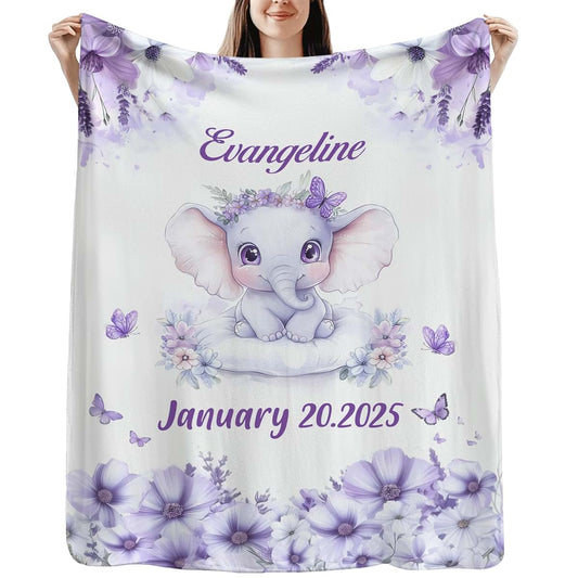 Foxcorner Personalized Girls Nursery Fleece Blanket Gifts, Purple Elephant | Beautiful New Baby Girl Baby Birthstats