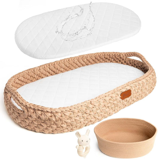 D'OR BABY Handmade Baby Changing Basket Set with a Soft Changing Pad and Waterproof Cover,Diaper Organizer,Rattle