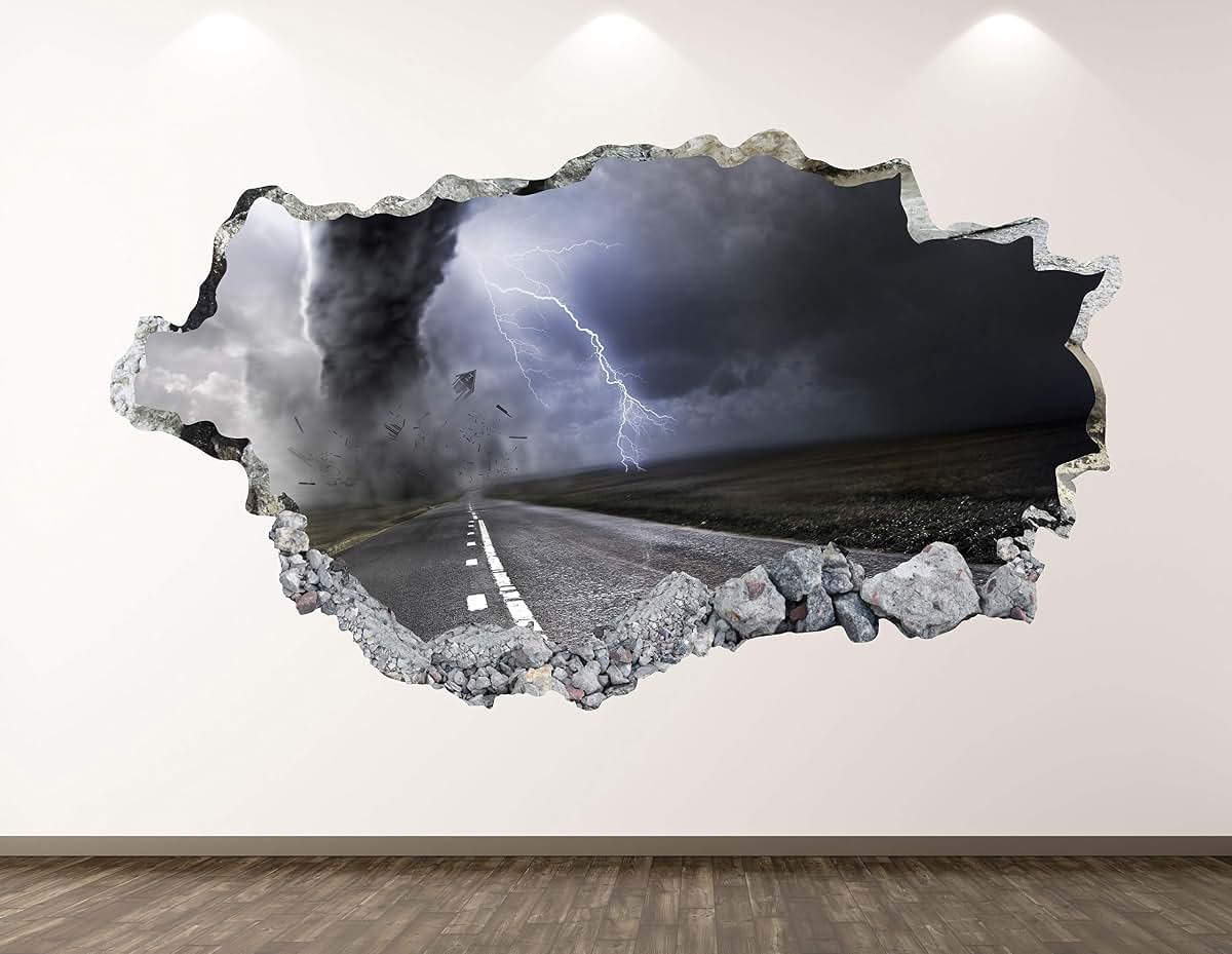 West Mountain Thunderstorm Wall Decal 3D Smashed Tornado Mural