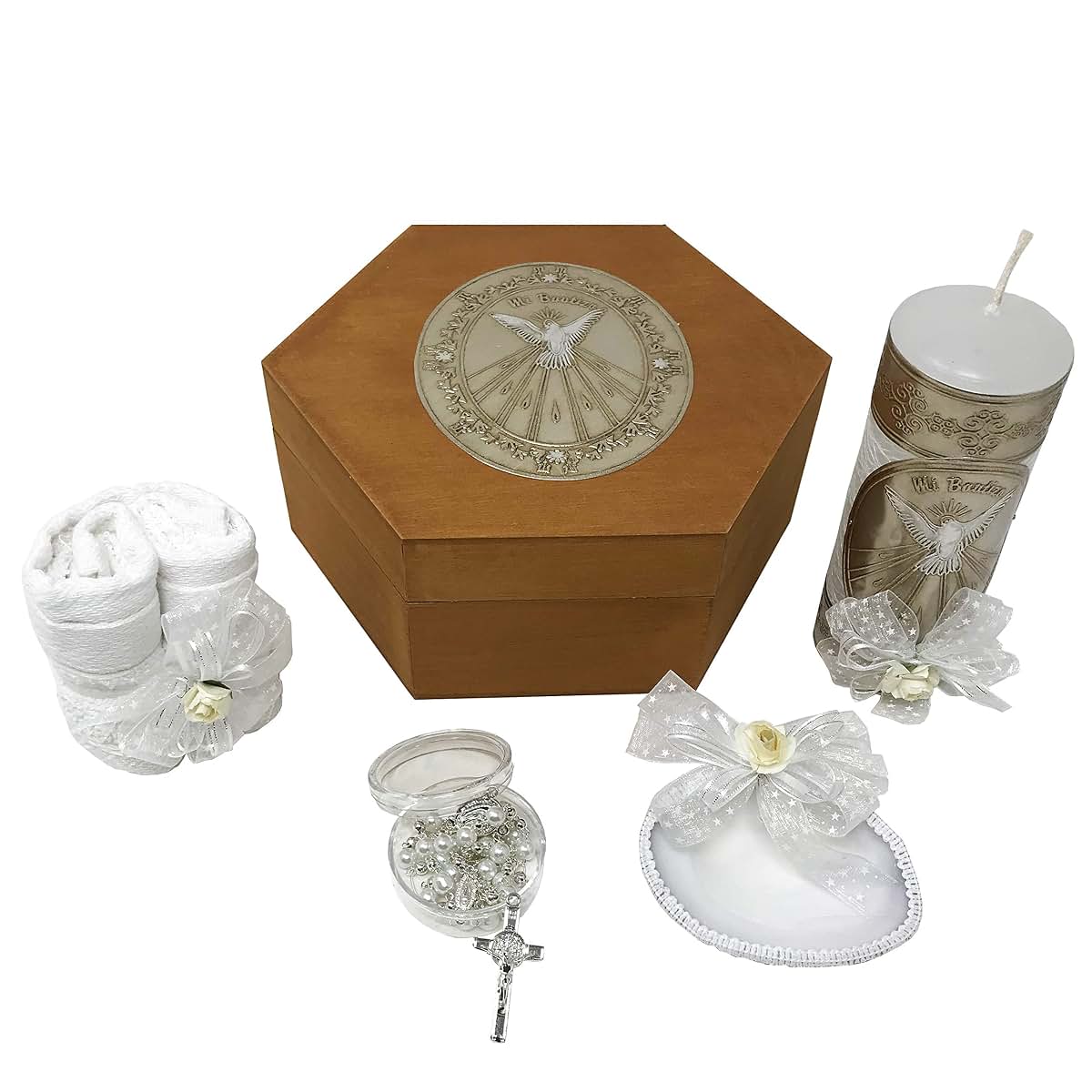 Arcangeles Mexicanos Catholic Baptism Candle Set with Wooden Box