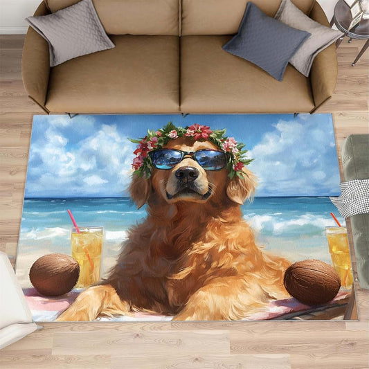HYGIUID Golden Retriever Rug for Kids Room, Summer Leisure Rug - 5x6, Vacation Beach Bedroom Rugs, Washable & Non Slip