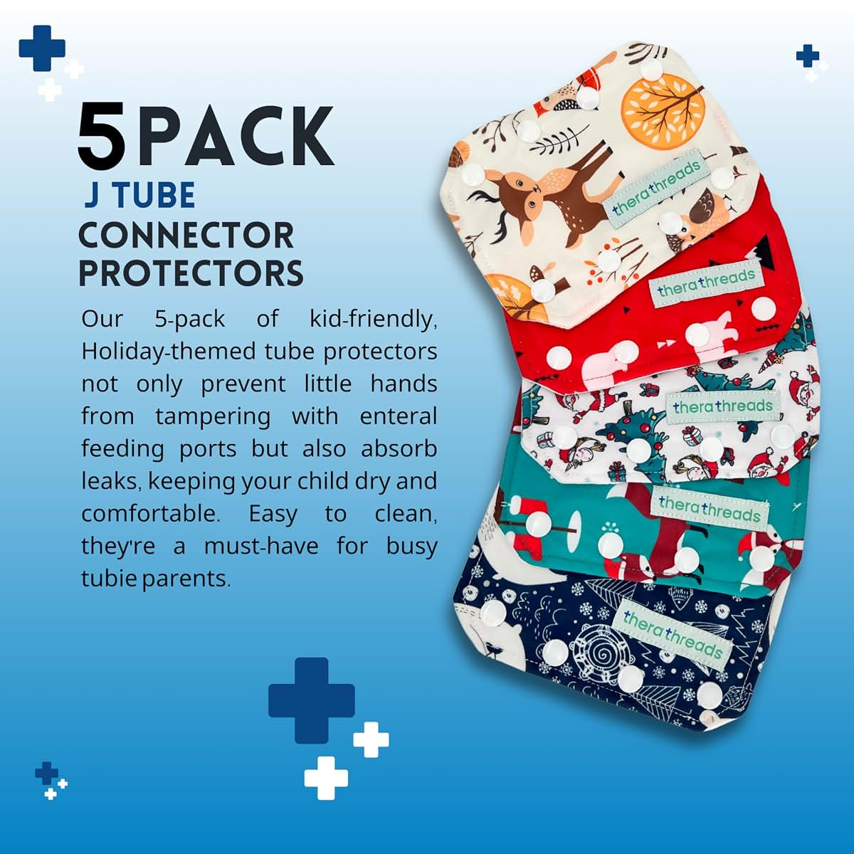 therathreads 5 Pack Holiday Themed Feeding Tube Connector Cover Set for G, J, or PEG Tubes. Ultra Soft and Absorbant (photo 2)