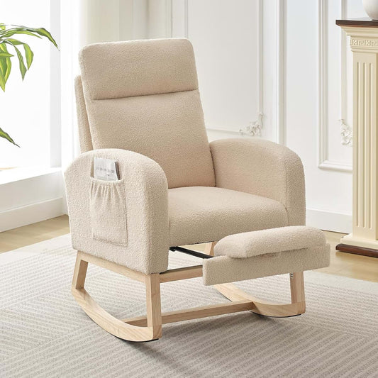Attracoast Nursery Rocking Chair with Adjustable Footrest, Glider Chair with Two Side Pockets,Teddy Fabric, Solid