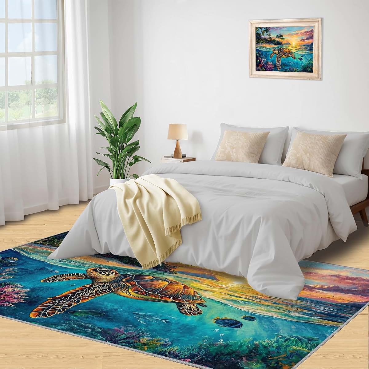 HYGIUID 4x5 Atlantic Sea Turtle Area Rugs - Island Scenery Rug for Entryway, Seascape Oil Painting Washable Entry Way