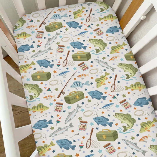 Selgkds Cute Fish Fishing Lure Baby Crib Sheets for Boy Girl Fisherman Fishing Lover Soft Snug Fitted Crib Mattress