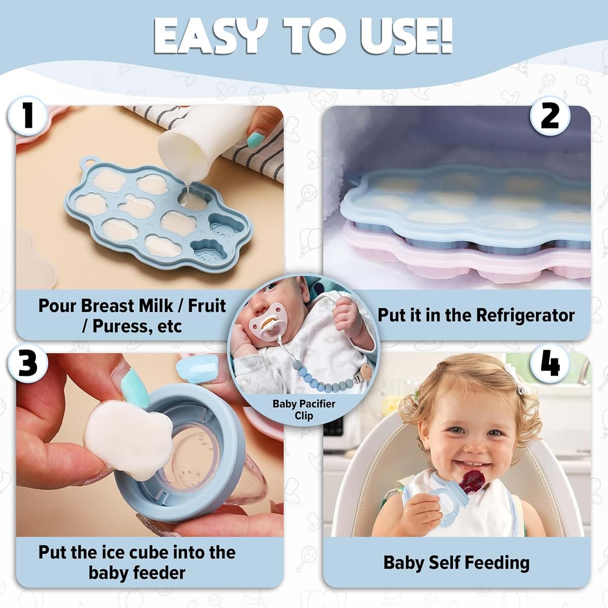 o'doe Set 1 : O’doe Silicone Baby Popsicle Molds & 1 Baby Food Feeders with 1 Clip, 1-Pack Freezer Tray with Lid (photo 3)