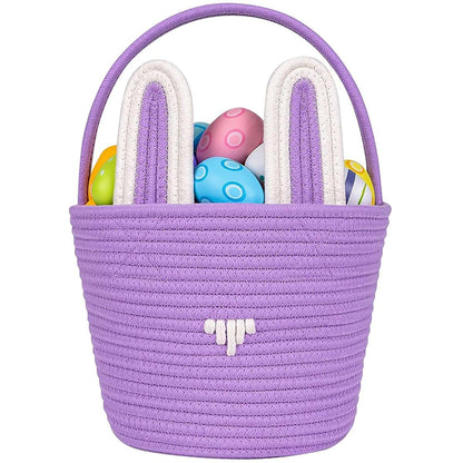 Easter Bunny Basket With Handle, Foldable Cotton Egg Hunt Bucket, Blue