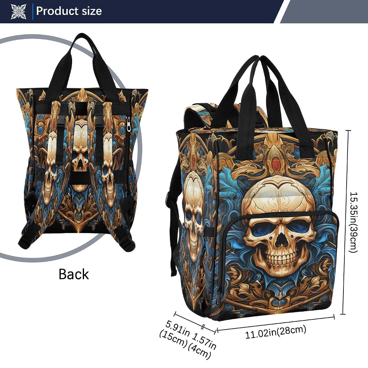 LINNIKEEEE Abstract Cool Golden Skull Diaper Bag Travel Backpack (photo 3)