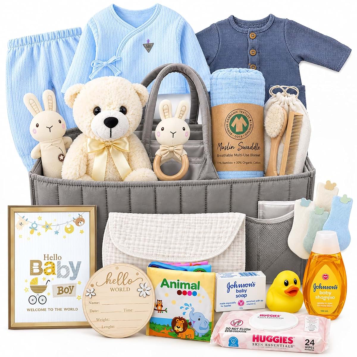 Beyond The Box New Baby Boy Gift Basket With Foldable Diaper Bag