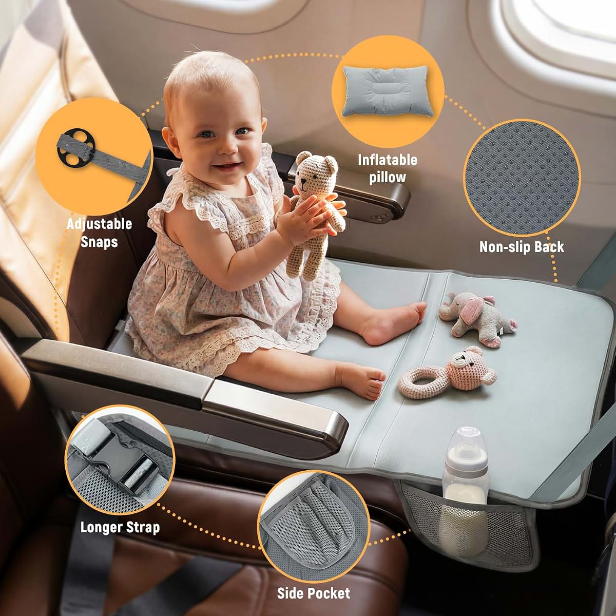 YOSOKI USOKI Toddler Airplane Bed Grey, Foldable Seat Extender Footrest for Travel