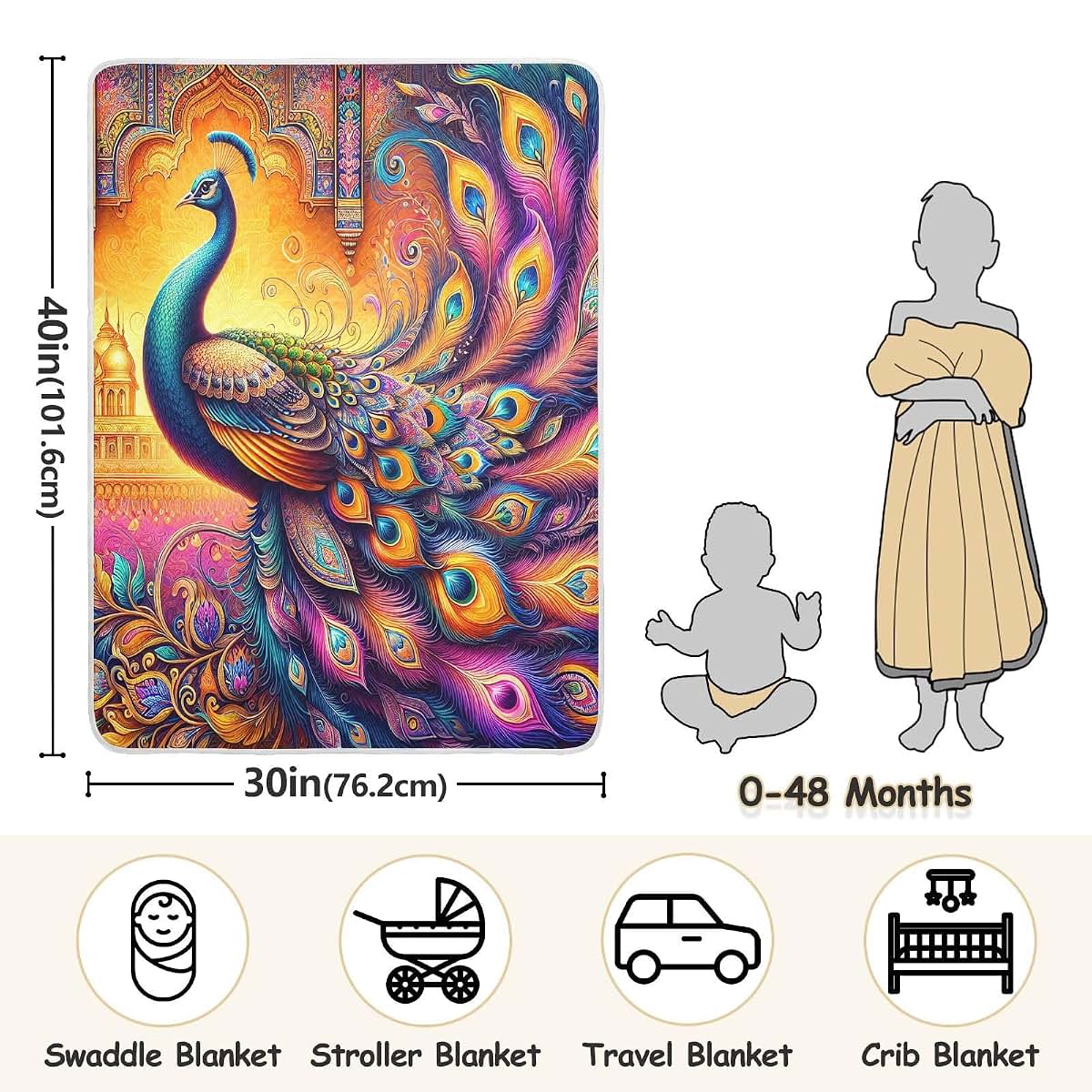 Nesatuwa Peacock Hindu Elegance Baby Blanket, Cotton Muslin, 30 x 40 Inch