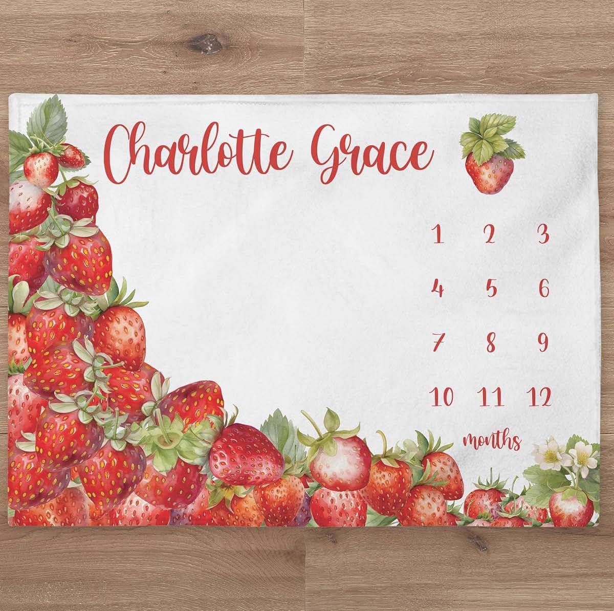 UnoCo Strawberry Baby Blanket Personalized Baby Girl Month Blanket Berry Nursery Custom Age Newborn Calendar Tracker