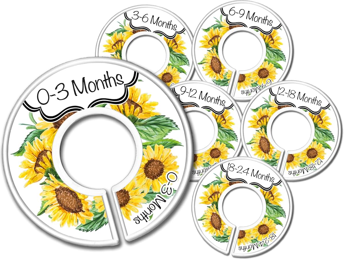 CarrieDee Handcrafted Baby Closet Dividers Set of 6, 0-3 to 18-24 Months Girls Sunflower Theme, Yellow Floral Nursery