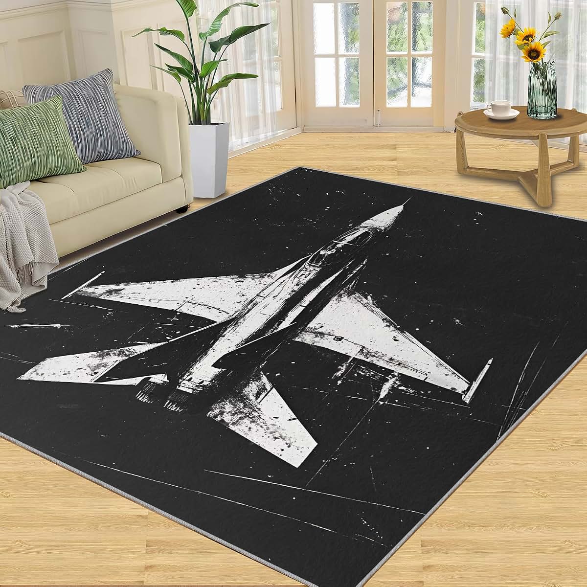 HYGIUID Fighter Rug for Kids Room, Abstract Airplane Rug - 5x6, Vintage Military Painting Bedroom Rugs, Washable & Non