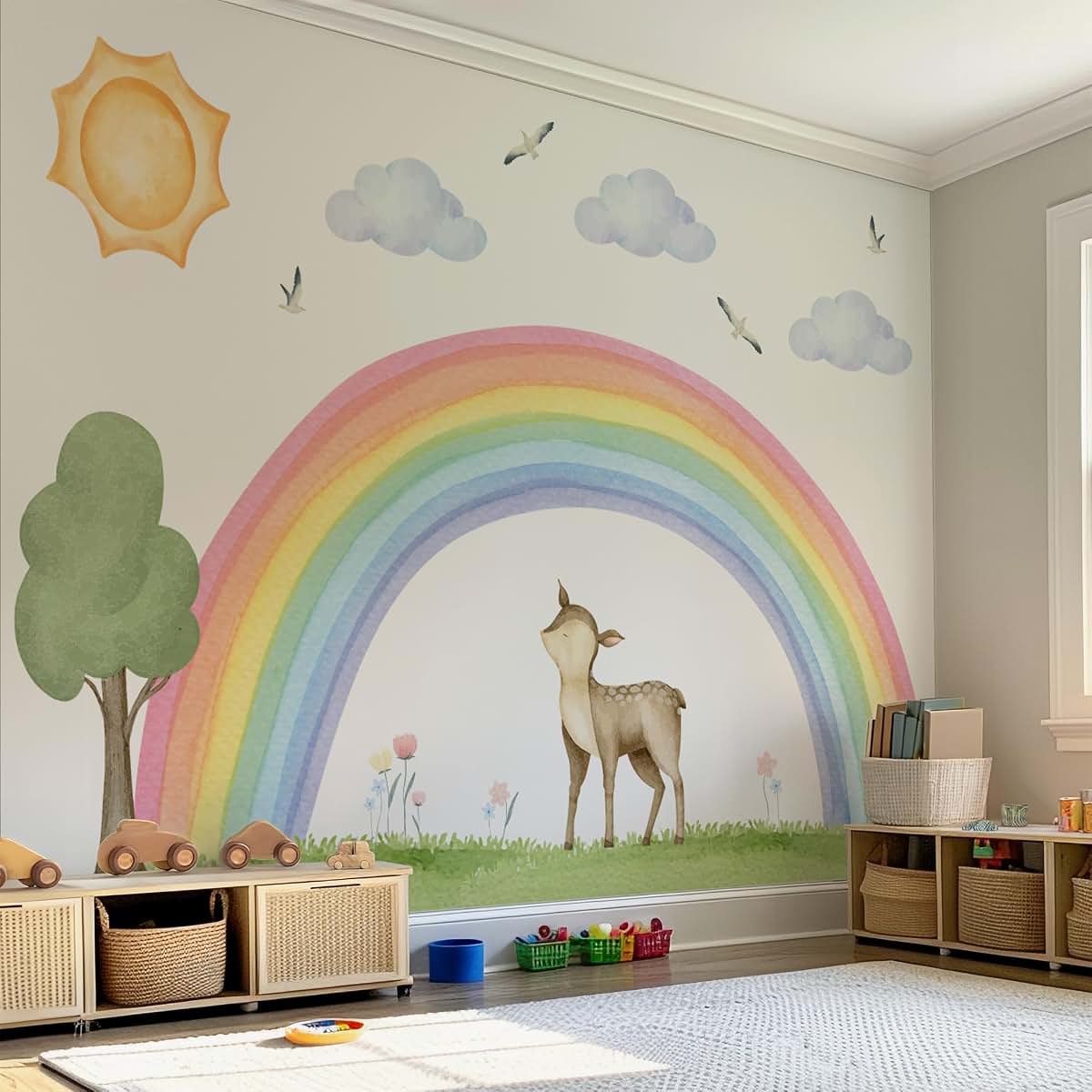 LALACORNE Boho Rainbow Wall Decal Set with Deer, Sun, Clouds, Tree, Grass & Birds – Watercolor Woodland Nursery Wall