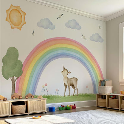 LALACORNE Boho Rainbow Wall Decal Set with Deer, Sun, Clouds, Tree, Grass & Birds – Watercolor Woodland Nursery Wall