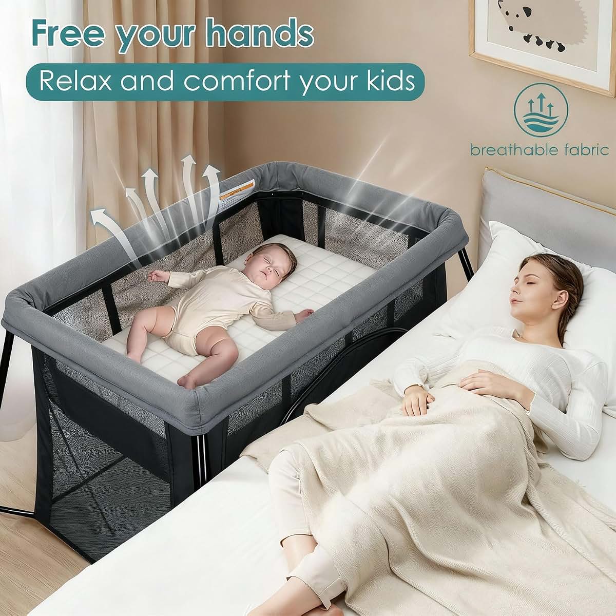 FENGZIZH Travel Compact Bassinet, Lightweight Foldable Playpen, Grey (photo 3)