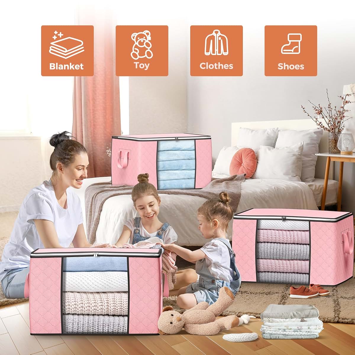 90L Large Storage Bags, 4 Pack Foldable Clothes Organizer Bins with Reinforced Handle