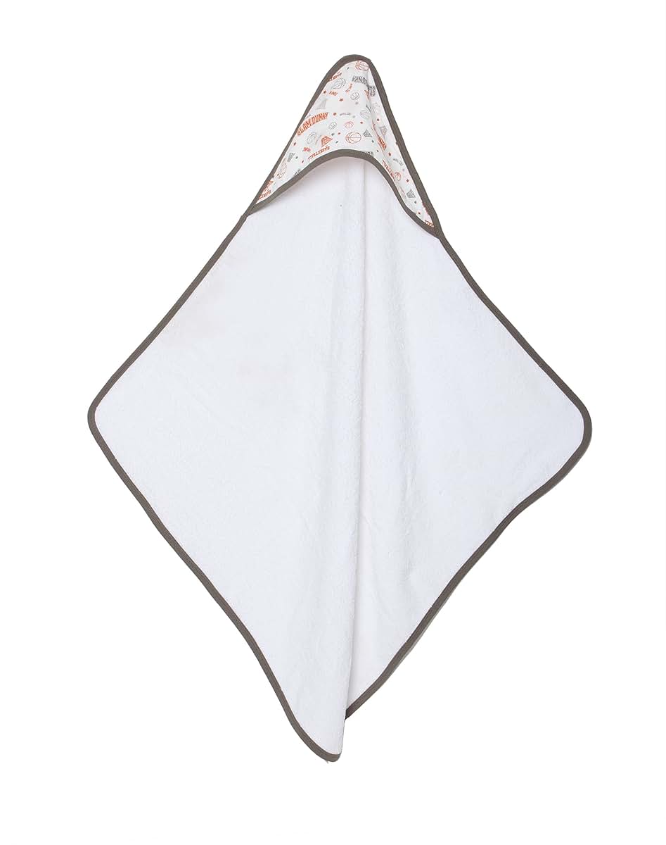 Bacati - Sports Muslin Set of 3 Wash Cloths or Hooded Towel (Hooded Towel, Basketball Orange/Grey)