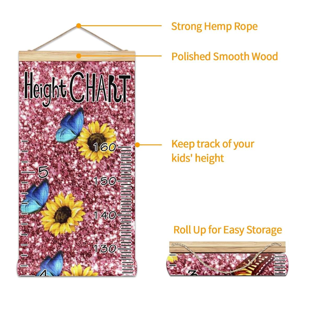 Growth Chart Pink Glitter Sunflowers Butterfly Measurement Banner for Kids Room Decor