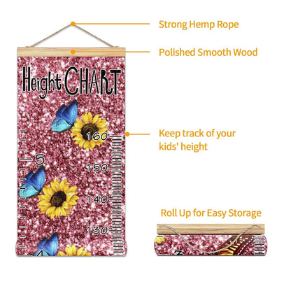 Growth Chart Pink Glitter Sunflowers Butterfly Measurement Banner for Kids Room Decor