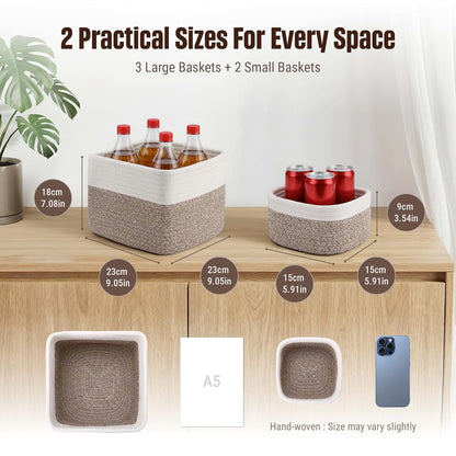 VIRETH HAUS 5-Pack Storage Cubes Woven Rope Baskets, 2 Sizes Organizer Bins (photo 2)