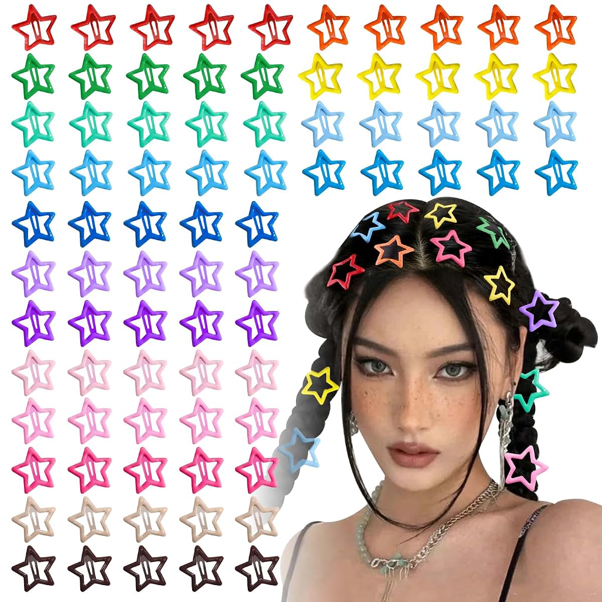 shuielai 100 Piece Y2K Star Hair Clips, 1.18 Inch Metal Snap Barrettes for Women and Girls