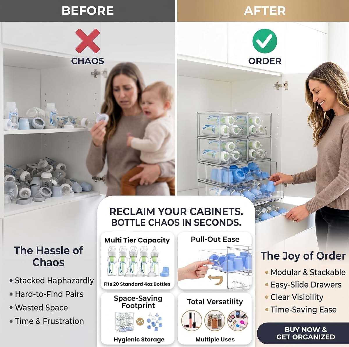 Farazza Stackable Clear PET Storage Drawers for Pantry and Vanity