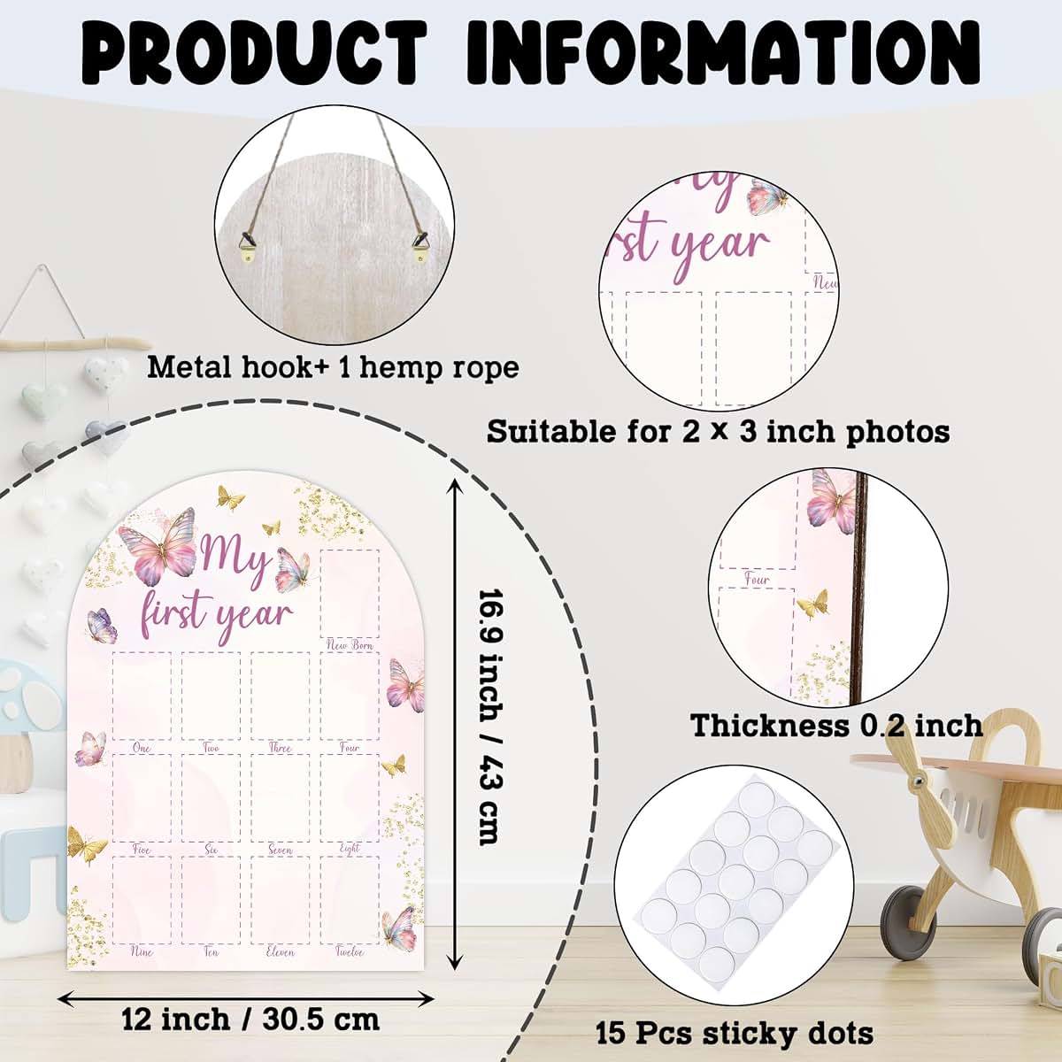 UIBOVA My First Year Photo Board, Wooden Milestone Display for 2x3 Photos, Butterfly Nursery Decor