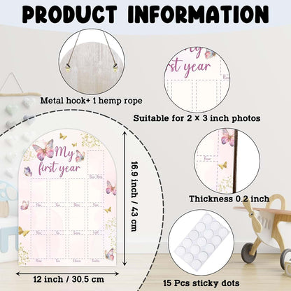 UIBOVA My First Year Photo Board, Wooden Milestone Display for 2x3 Photos, Butterfly Nursery Decor