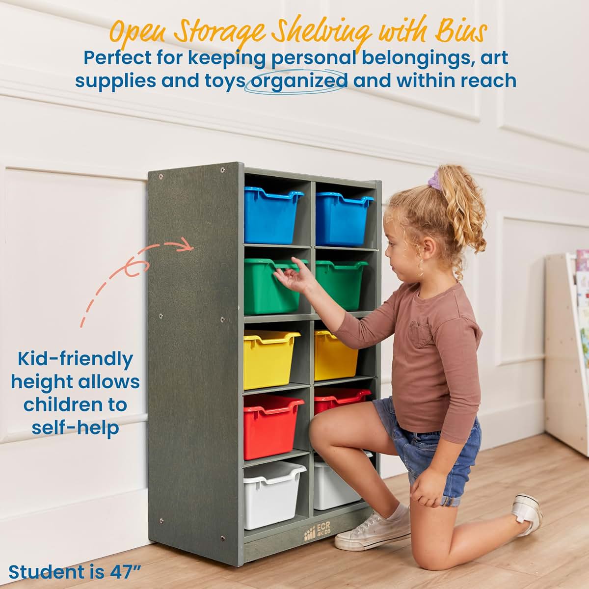 ECR4Kids 10 Cubby Mobile Tray Cabinet with Bins, 5x2, Grey Wash, Assorted (photo 4)