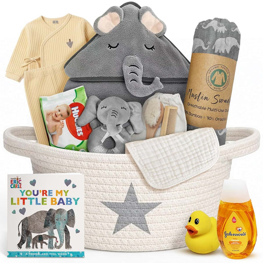 Beyond The Box Elephant Newborn Baby Gift Basket Set in Grey and White