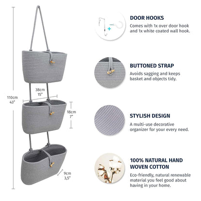 OrganiHaus Over the Door Organizer with 3-Tier Woven Cotton Rope Hanging Baskets, Light Gray