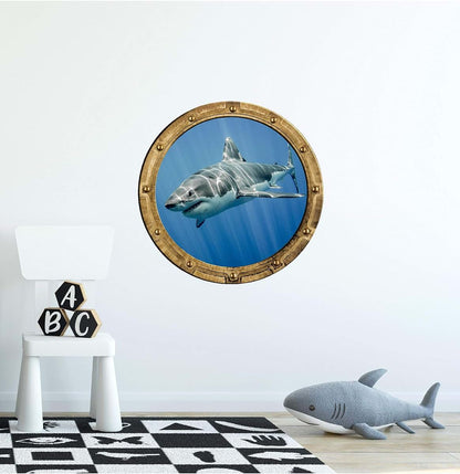 Stickit Graphix 24" Porthole 3D Window Wall Decal Shark #4 RUSTIC Port Scape Jaws Great White Megalodon Instant Under