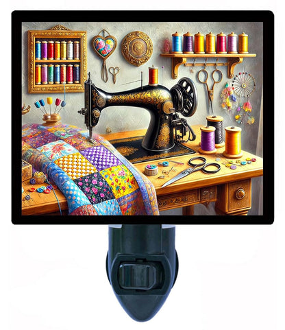 Night Light Designs Stitched Memories Night Light – Sewing Machine Design, Fully Enclosed, Rotating Plug, Glass Front
