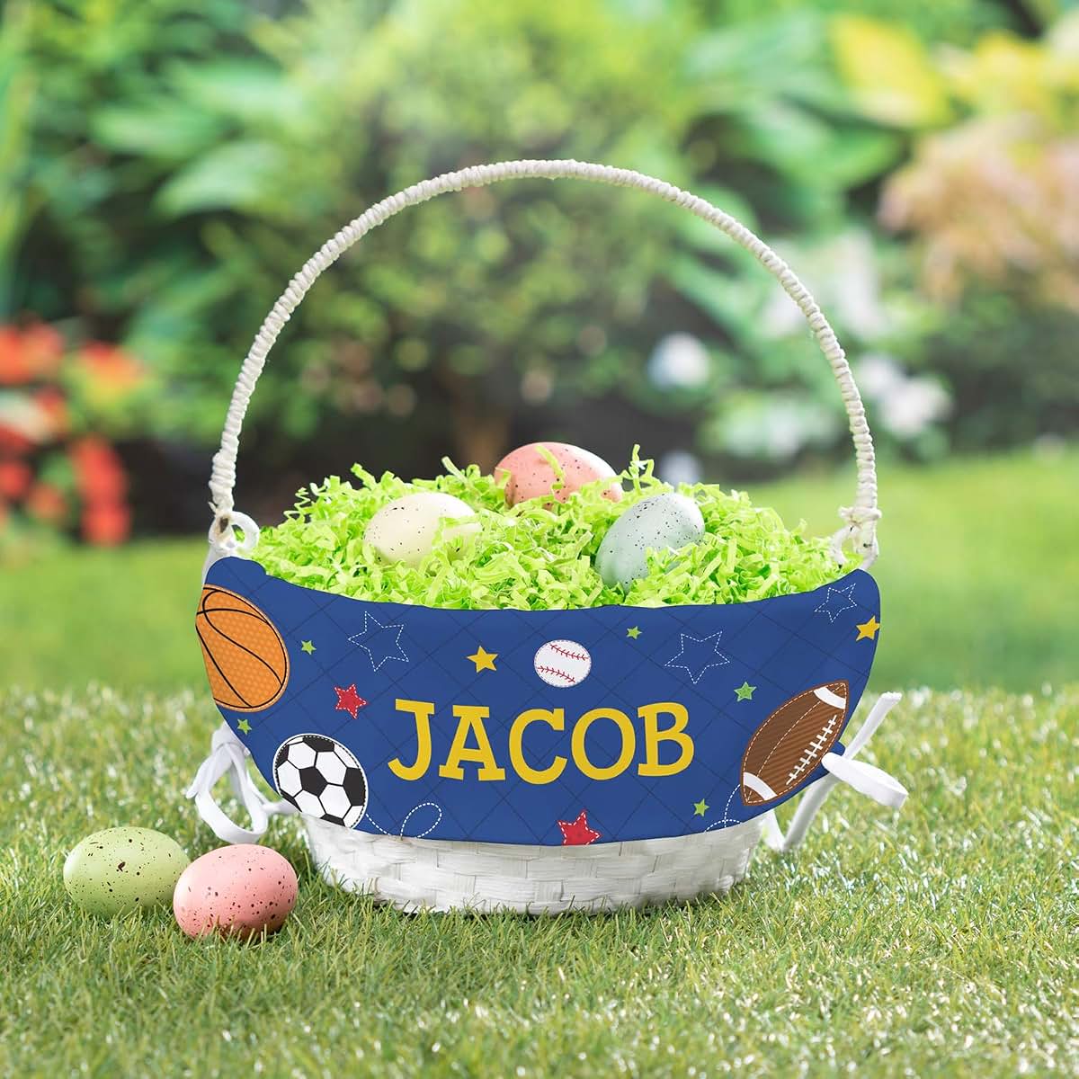 Personalized Planet Sports Personalized Easter Egg Basket with Handle and Custom Name | Blue Easter Basket Liners (photo 2)