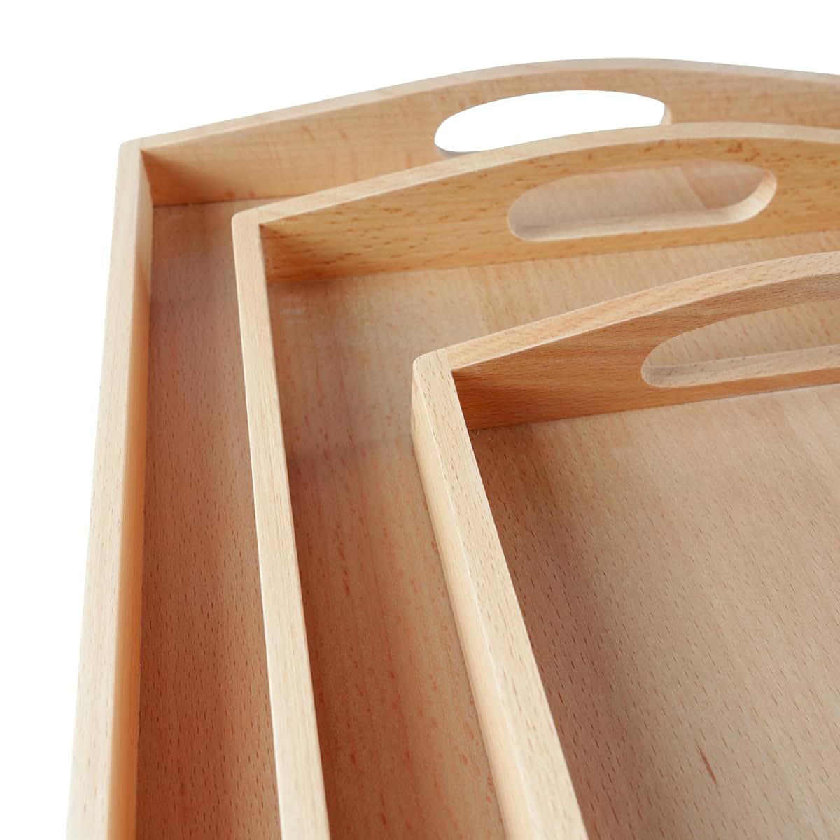Penepico Premium Montessori Wooden Trays Set Of 3 - Solid Beechwood With Handles