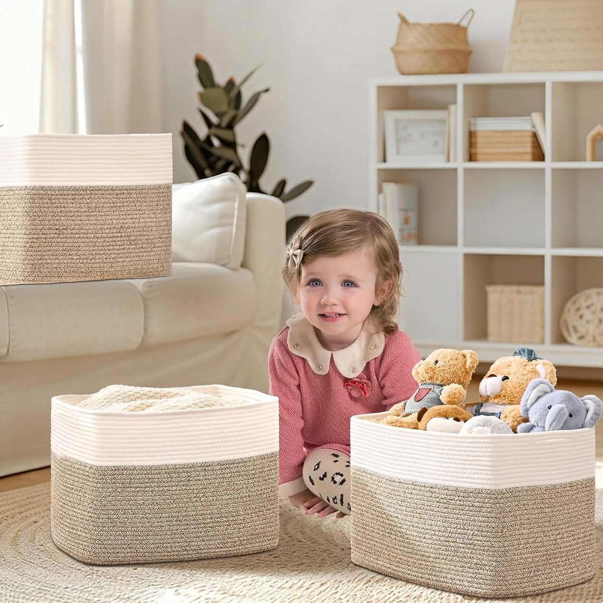 Cube Storage Baskets for Organizing Toys & Clothes | 3-Pack Cotton Rope Organizers